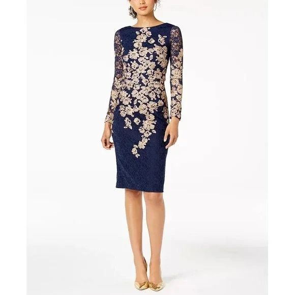 Xscape | Dresses | Nwt Xscape Blue Lace Dress Knee Length Long Sleeve Boat Neck Gold Floral 4 | Poshmark Xscape | Dresses | Nwt Xscape Blue Lace Dress Knee Length Long Sleeve Boat Neck Gold Floral 4 | Poshmark